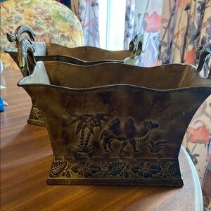 Decorative Pair of Metal Planters with Camel Design